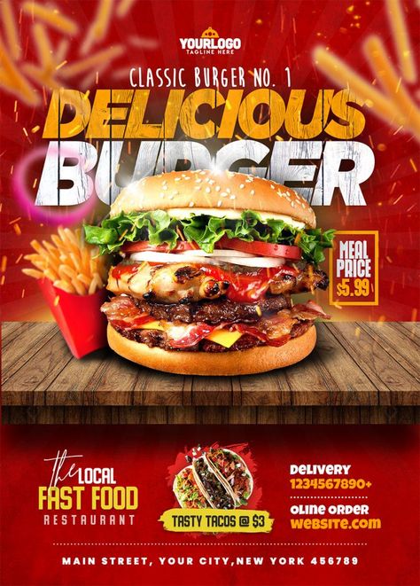 Burger Menu Promotion Flyer PSD Template - PSD Zone Burger Flyer, Burger Design, Promotion Flyer, Fast Food Restaurants, Burger Menu, Restaurant Poster, Free Psd Flyer, Restaurant Flyer, Wedding Social