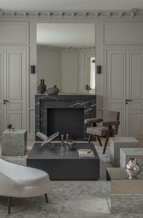 Monochromatic Living Room, Artistic Furniture, Marble Fireplace, Mirror On The Wall, Home Fireplace, Marble Fireplaces, Dream Apartment, Fireplace Design, A Mirror