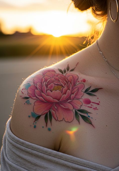 Add a splash of color to your life with this stunning watercolor peony shoulder tattoo. Perfect for women who adore bold, artistic designs. #peonytattoo #watercolortattoo #shoulderink Peony Shoulder Tattoo, Minimalist Symbols, Watercolor Peony, Peonies Tattoo, Watercolor Peonies, Collar Bone Tattoo, Spine Tattoo, Vibrant Watercolor, Sunflower Tattoo