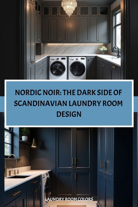 Chic Scandinavian laundry space featuring charcoal walls and round mirror Blue Laundry Room Walls, Dark Laundry Room Ideas, Dark Laundry Room, Scandinavian Laundry, Dark Laundry, Scandinavian Laundry Room, Dark Scandinavian, Nordic Noir, Laundry Room Colors