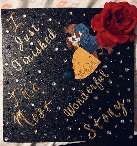 My Grad Cap ❤️❤️ - Beauty and the Beast Beauty And The Beast Grad Cap Ideas, Beauty And The Beast Cap Graduation, Beauty And The Beast Grad Cap, Caps Decoration, Disney Grad Caps, Disney Graduation Cap, Senior Board, Cap Beauty, Disney Graduation