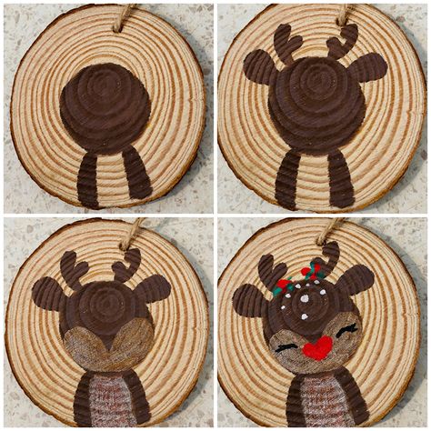 Diy Family Christmas Ornaments, Wooden Ornament Ideas For Kids, Wood Ornament Ideas, Holiday Crafts To Sell, Painted Wooden Christmas Ornaments, Wooden Ornaments Diy, Cute Christmas Ornaments, Wooden Christmas Crafts, Painted Christmas Ornaments