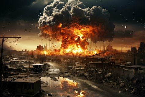 AI generated Image of explosion in city against dark background. Disaster and danger concept, accident and nuclear explosion of bomb in power plants for buildings, AI Generated Iron Legion, Nuclear Technology, Nuclear Explosion, Nuclear Disasters, Sketches Simple, Cityscape Photos, Nature Backgrounds, Dark Background, Power Plant