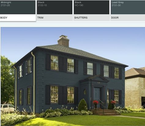 Dark Exterior House Color - Benjamin Moore Paint Color Tool Dark Green Colonial House Exterior, Black Exterior House Colors, Masculine House, Navy House Exterior, Dark Exterior House Colors, Dark House Exterior, Dark Exterior House, Dark Blue House Exterior, Dark Blue Houses