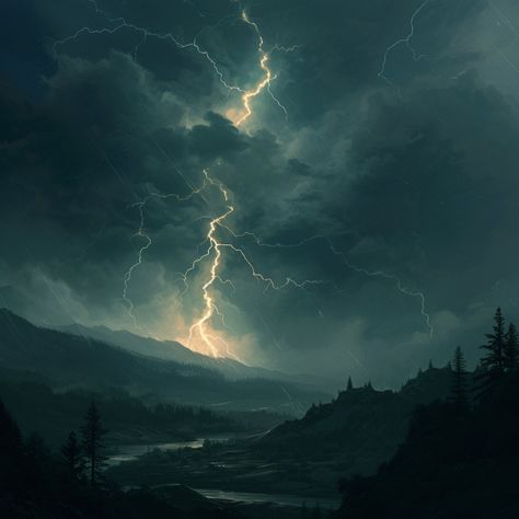 Lightning Digital Art, Lightning Painting, Clouds And Mountains, Apocalypse Landscape, Lightning Art, Lightning Powers, Lightning Cloud, Dark & Stormy, Storm Art