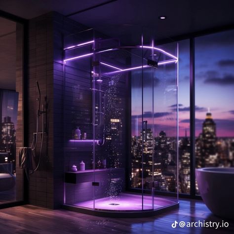 Bathrooms Aesthetic Big, Big Bathroom Aesthetic, Dark Purple Room Ideas, Pretty Showers, Dark Bathroom Aesthetic, Aesthetic Showers, Work Bathroom, Led Aesthetic, Shower Aesthetic