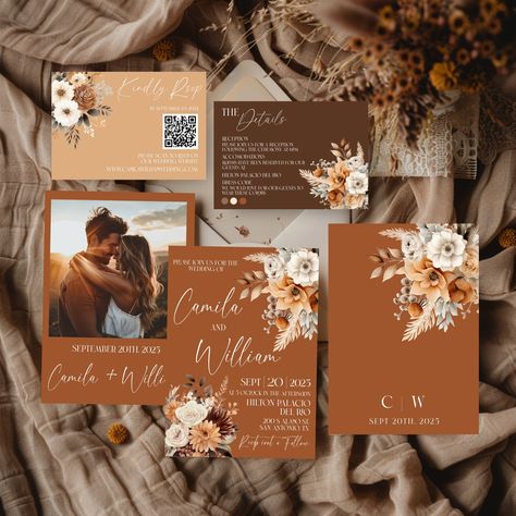 Fall Autumn Wedding Invitation Fall Wedding Invitation Suite, Fall Floral Wedding Invitation, Boho Wedding Invitation Qr Code Rsvp, Terracotta Wedding Invitation, Pampas Add your own touch to this Fall Wedding Invitation Set that can be fully personalized and downloaded. It can be easily edited on Corjl using your phone, tablet or use a computer for advanced editing features.   SEE SIMILAR ITEMS LINK https://www.etsy.com/your/shops/me/tools/listings/section:49323870,stats:true PLEASE NOTE- This is a digital Template/ Download. No physical product will be shipped. Once you have placed your order you will receive an email from Corjl, with access to your template. You will be able to edit all your own details.    * TRY DEMO BEFORE YOU BUY *  Please Copy and paste demo link into your web brows Autumnal Wedding Invites, Wedding Invitations Terracotta, Fall Wedding Invitation Suite, Terracotta Wedding Invitation, Arch Wedding Invitation, Wedding Invatations, Fall Floral Wedding, Orange Wedding Invitations, Burnt Orange Weddings