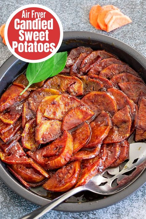 Air Fryer Candied Sweet Potatoes is a very easy sweet potato recipe. Vegan Thanksgiving Side Dishes, Potatoes In The Air Fryer, Easy Desert, Vegan Thanksgiving Dessert, Vegetable Side Dishes Healthy, Canning Sweet Potatoes, Thanksgiving Side Dishes Easy, Easy Vegetable Side Dishes, Candied Sweet Potatoes