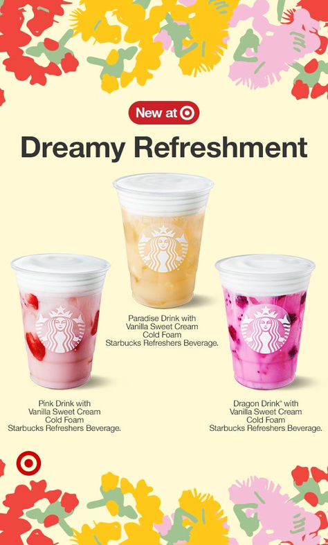 Dragon Drink With Cold Foam, Starbucks Paradise Drink Recipe, Starburst Drink, Vanilla Sweet Cream Cold Foam, Dragon Drink, Paradise Drink, Pink Drink Starbucks, Sweet Cream Cold Foam, Vanilla Sweet Cream