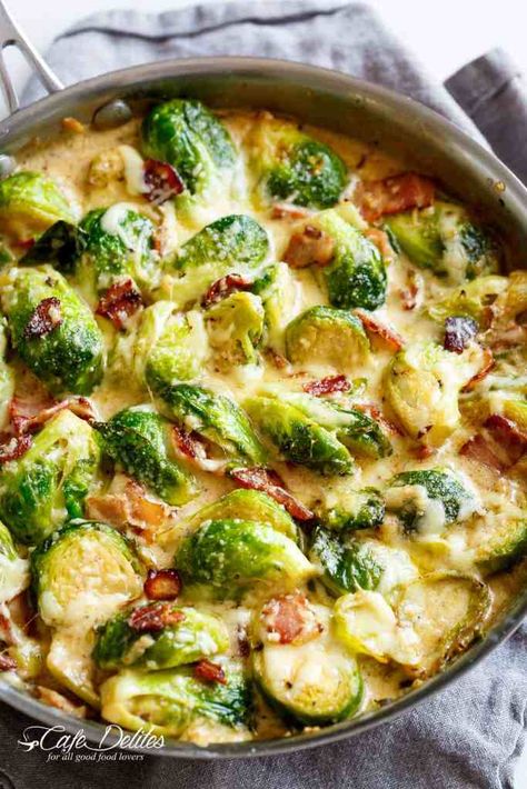 Brussels Sprouts Bacon, Parmesan Brussels Sprouts, Brussels Sprouts And Bacon, Fried Brussels Sprouts, Sprouts And Bacon, Creamy Garlic Sauce, Bacon Brussel Sprouts, Sprouts With Bacon, Sprout Recipes