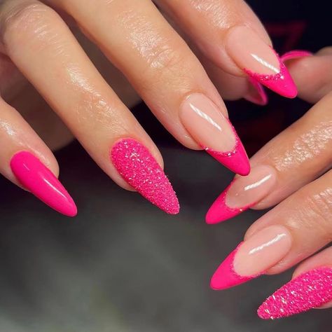 French Nails Pink Design, Red Almond Nails With Diamonds, Pink Chrome Nails Almond Shape, French Tip Nails With A Twist, Hot Pink And Black Almond Nails, Summer Acrylic Nails French Tips, Pink Birthday Nails Almond, Almond Nails Birthday, Bright Pink Almond Nails