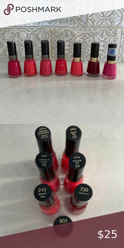 Revlon Nail Polish 9 Bottles Revlon Red Nail Polish, Cherries In The Snow, Revlon Nail Polish, Coming Up Roses, Red Nail Polish, Red Nail, Bottle Shop, Pink Valentines, Acrylic Nails Coffin