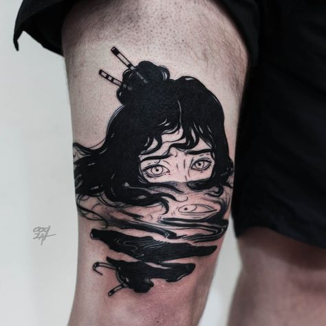 Tattoo by Ooqza #Ooqza #darkarttattoos #blackwork #portrait #lady #ladyhead #reflection #eyes #water #surreal Reflection Tattoo, Water Tattoo, Sopot, Aesthetic Tattoo, 문신 디자인, Elegant Tattoos, Dope Tattoos, Blackwork Tattoo, Tattoo Styles