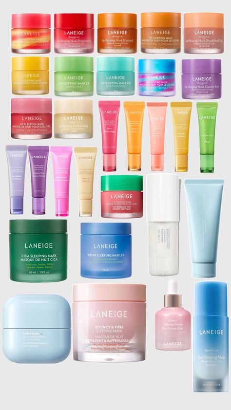 I have probably missed a few, but these are many products from the brand laneige especially featuring their new watermelon lip sleeping mask right in the middle of the collage Laneige Products, Laneige Lip Sleeping Mask, Lip Sleeping Mask, Sleeping Mask, In The Middle, The Middle, Body Care, Watermelon, Lips