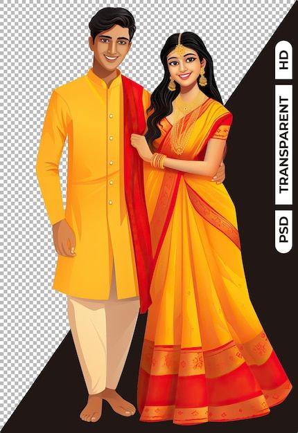 Indian couple in yellow attire for haldi... | Premium Psd #Freepik #psd #couple #ceremony #traditional #wedding Caricature Couple Images, Hindu Wedding Caricature, Haldi Caricature, Haldi Couple, Bride Mehandi, Couple Stills, Groom Cartoon, Caricature Wedding Invitations, Couple Caricature