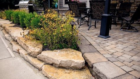 Flagstone Walkway, Walkway Design, Stone Retaining Wall, Landscape Stone, Art Coasters, Rock And Pebbles, Fire Features, Yard Work, Flower Bed