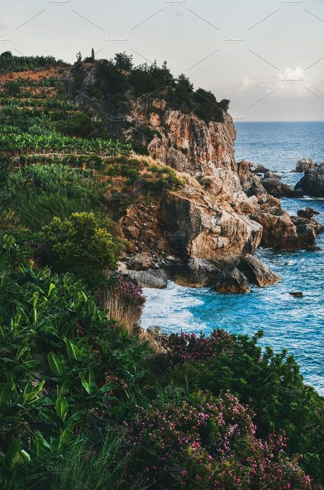 Mediterranean landscape with sea by Foxys on @creativemarket #mediterranean #landscape #photography #turkey #curated #stock #photo Ancient Mediterranean Aesthetic, Menagerie Coast, Sea Reference, Mediterranean Photography, Mediterranean Nature, Mediterranean Forest, Greek Landscape, Mediterranean Vibes, Mediterranean Beach