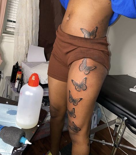 3 Butterfly Tattoo On Thigh, Butterfly Thigh Tattoos Women, Thigh Butterfly Tattoo, Side Tats, Butterfly Leg Tattoos, Butterfly Thigh Tattoo, Thigh Piece Tattoos, Girl Thigh Tattoos, Hand Tattoos For Girls