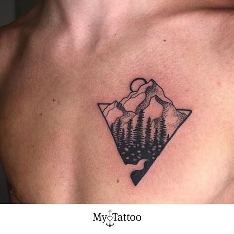 Triangle Chest Tattoo, Arona Italy, Tattoo Mountain, Chest Tattoo Men, Mountain Tattoo, Boy Tattoos, Nature Tattoos, Tattoo Model, Realistic Art