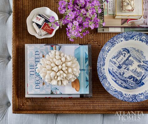 Blue And White Home, Collected Interiors, Vignette Styling, Monday Inspiration, Room Coffee Table, Coffee Table Tray, Table Tray, Coffee Table Styling, Atlanta Homes