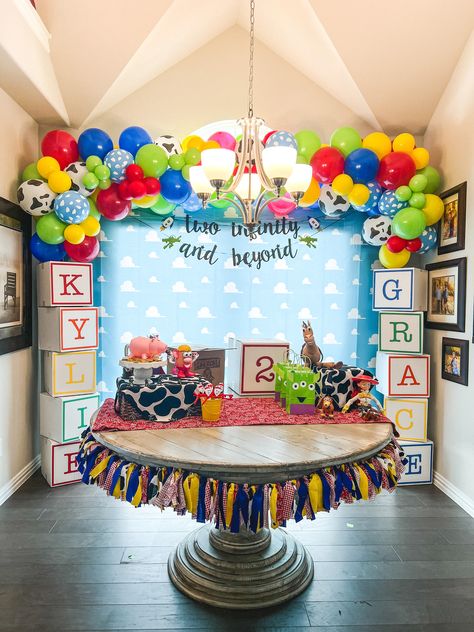 Toy Story Birthday Decorations, Toy Story Backdrop, Toy Story Party Decorations, 2nd Birthday Party For Boys, Toy Story Baby, Toy Story Theme, Story Birthday, Twin First Birthday, 2nd Birthday Party Themes