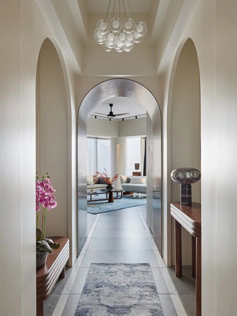 This home in Mumbai showcases symmetry through arches | Architectural Digest India Window Behind Bed, Mint Green Wall Art, Mint Green Walls, Interior Design News, Kitchen Interiors, Asian Architecture, Interiors Magazine, Wood Panel Walls, Ceiling Windows