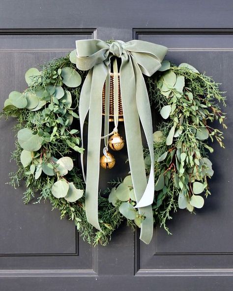 JSH Home Essentials on Instagram: "It’s November! No more feeling guilty for shopping for Holiday shopping! 😉 We’ve just restocked all sizes of our bells. On this wreath I made last year I used 2 bells in various sizes from #4’s with 1 1/2” Rustic Sage Velvet ribbon. You will need 5 yards to create the doubles bow." Wreath Making Supplies, Christmas Door Wreaths, Christmas Inspo, Holiday Mood, Xmas Wreaths, Wreath Making, Ribbon Wreath, Winter Wreath, Home Essentials