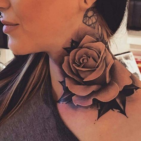 Rose Neck Tattoo, Flower Neck Tattoo, Best Neck Tattoos, Flower Tattoo On Side, Girl Neck Tattoos, Side Neck Tattoo, Model Tattoo, Rose Tattoos For Women, Throat Tattoo