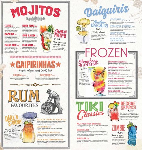 Revolucion de Cuba Cocktail Menu - by the Nu Agency Jamaican Menu Design, Tropical City, Chalk Menu, Drink Menu Design, Jamaican Restaurant, Menu Cover Design, Menu Sans Gluten, Menu Design Inspiration, Mexican Menu