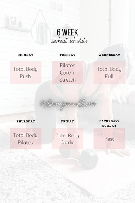 6 week pilates and strength training fitness schedule! Full program can be found on Stronger With Rae. #homeworkouts #fitnessprogram #pilates #workoutschedule Workout Schedule Pilates, Pilates Schedule Workout Plans, Pilates And Strength Training Schedule, Pilates Weekly Schedule, Pilates And Weight Training Schedule, Pilates Workout Schedule, Pilates Schedule, Week Workout Schedule, Pilates And Strength Training