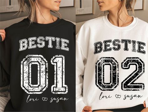 Personalized Best Friends Sweatshirt - Bestie 01 Bestie 02 Sweatshirt, Matching Bestie Hoodie, Bestie Shirt, Best Friend for Life Sweatshirt -----How To Order----- 1-) Please, check and review all photos 2-) Choose your t-shirt size and color *Different styles of shirts may have different shades of same color choice due to different manufacturer brands. *For this reason, we recommend you to match shirts from the same styles if you want precisely matching colors (exa. Unisex, V-neck, Tank top, et Best Friend Sweatshirts, Best Friend Hoodies, Best Friend For Life, Best Friend Birthday Gift, Friends Sweatshirt, Friend Birthday Gift, Bff Outfits, Casual Preppy Outfits, Matching Colors