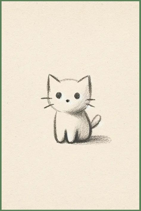 Sketch of a small, simplistic cat with large eyes sitting on cream-colored paper. How To Draw Cool Things, Draw Small Things, Cute Drawings Simple Ideas Sketch, Easy Things To Draw Cute Simple, Small Cute Things To Draw, Cute Things To Draw Easy Simple Animals, How To Draw A Cute Cat, Cute Pets Drawing, Cute Simple Drawings Easy