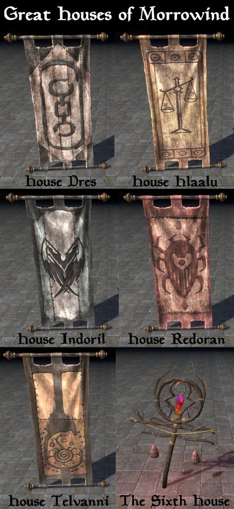 Morrowind House Banners (ESO) Skywind Concept Art, Ordinator Morrowind, Morrowind Armor, Elder Scrolls Dunmer, Morrowind Tattoo, Morrowind Aesthetic, Dunmer Art, Skyrim Races, Elder Scrolls Dwemer