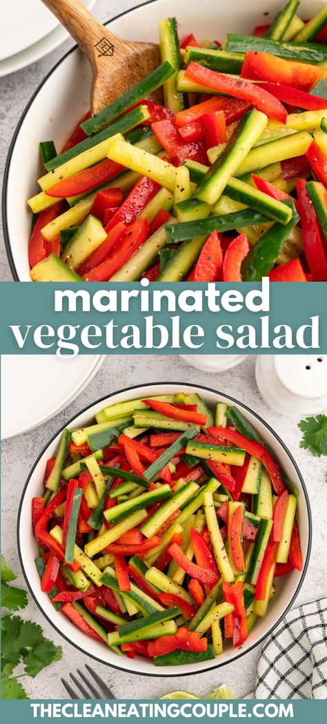 This Quick Marinated Vegetable Salad is the perfect side dish or snack! Peppers and cucumbers are lightly pickled for a crunchy, savory dish! Snack Peppers, Marinated Salad Recipes, Pickled Salad, Marinated Vegetable Salad, Marinated Peppers, Marinated Veggies, Couple Recipes, Healthy Sauce, Marinated Cucumbers