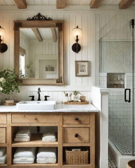 Rustic Clean Bathroom, Log Bathroom, Rustic Cottage Bathroom, Small Farmhouse Bathroom, Aiken Sc, Cottage Style Bathrooms, Future Bathroom, Man Bathroom, Beamed Ceilings