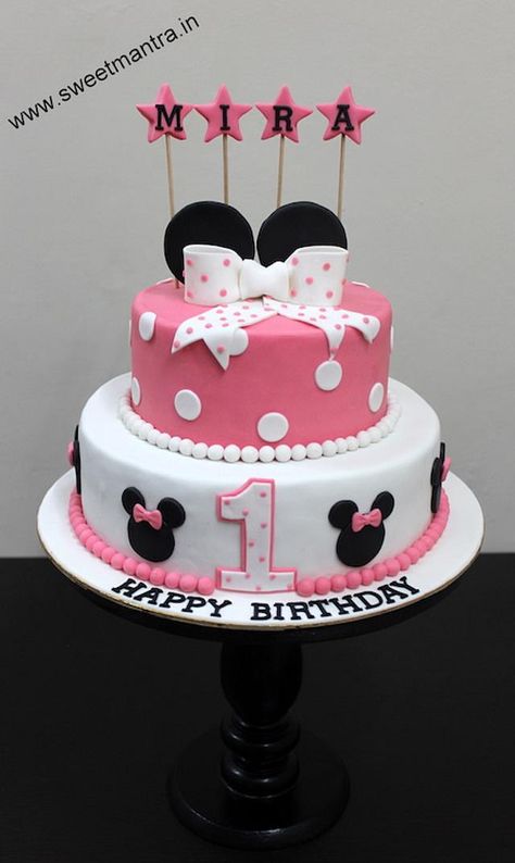 Minnie Mouse theme 2 layer fondant cake for girl’s 1st birthday in Pune. For my other creations, please visit my website www.sweetmantra.in Minnie Mouse Cake Design, Miki Mouse, Coco Birthday, Cartoon Birthday Cake, Cake Designs For Kids, Mickey Mouse Themed Birthday Party, Minnie Mouse Birthday Decorations, Minnie Mouse Birthday Cakes, Fondant Cake Designs