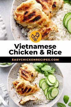 This from scratch Vietnamese Chicken and Rice recipe features fresh and bold flavors, sticky coconut rice, and perfectly cooked chicken thighs. It’s never been easier to make this restaurant-style dish at home! Pop over to my site for the recipes! | dinner ideas | chicken recipes | asain recipes | Sticky Coconut Rice, Chicken And Rice Recipe, Vietnamese Chicken, Asian Chicken Recipes, Easy Sheet Pan Dinners, Chicken Appetizers, Easy Rice Recipes, Weeknight Dinner Recipes Easy, Cooked Chicken