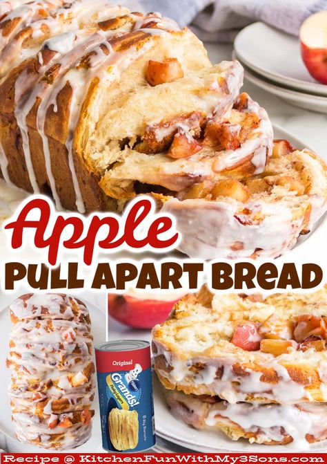 This Apple Pull Apart Bread is made with sliced canned biscuits layered with a spiced apple filling and topped with a delicious glaze. Incredibly easy and a perfect Fall breakfast or dessert. Apple Pie Pull Apart Bread Pillsbury, Fall Pull Apart Bread, Cherry Pull Apart Bread, Apple Pull Apart Bread With Biscuits, Breakfast Ideas Canned Biscuits, Apple And Biscuit Recipes Desserts, Pull Apart Biscuit Bread, Apple Pie Pull Apart Bread, Apple Biscuits Pillsbury