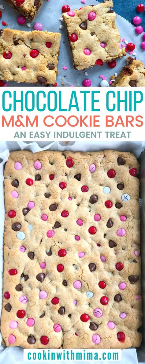 These Chocolate Chip M&M Cookie Bars are sweet, fun, and delicious! The thicker you choose to make your cookie bars, the softer they will be. For the perfect texture, I recommend a 9x13in pan and they come out perfectly soft and delicious with melty chocolate chips and M&Ms in every bite! Cookie Bars 9x13, Chocolate Chip Cookie Bars 9x13, M M Cookie Bars, Chocolate Chip Cookie Bar Recipe, Chocolate Avocado Brownies, Easy Dessert Bars, Valentine Treat, M M Cookies, M And M