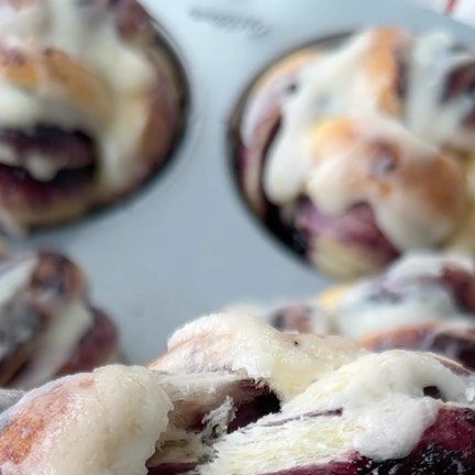 Jumbo Blueberry Cinnamon Roll Muffins, Spring Bakes, Blueberry Cinnamon Rolls, Brioche Dough, Blueberry Filling, Cinnamon Roll Muffins, Spring Baking, Dessert Items, Digital Creator