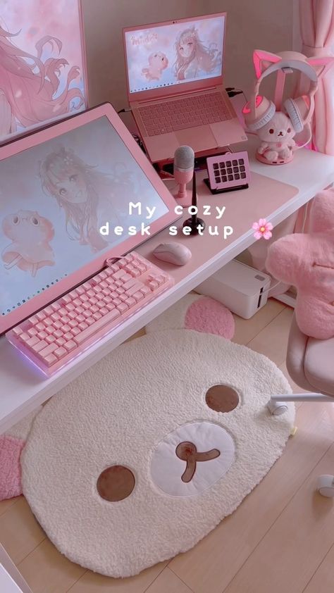 Sanrio Desk, Pink Desk Setup, My Melody Gaming Setup, Otaku Room Aesthetic, Kawaii Pc Setup Pink, Sanrio Setup Gaming, Kawaii Rug, Pink Sanrio Room Aesthetic, Sanrio Desk Aesthetic