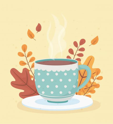 Coffee time and tea, dotted cup on dish ... | Premium Vector #Freepik #vector Sliced Orange, Leaves Decoration, Tea Illustration, Blue Teapot, Leaves Background, Autumn Tea, Autumn Illustration, About Coffee, Leaf Background