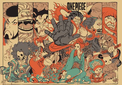 One Piece Fant Art Cover on Behance One Piece Cover Photo, Rocks One Piece, One Piece Header, Buggy One Piece, Pirate Wall Art, Doflamingo Wallpaper, Luffy Zoro, Anime Poster, Ukiyo E