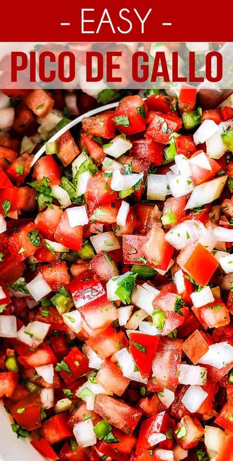 Pico de Gallo, AKA fresh tomato salsa, is made with tomatoes, onions, cilantro, jalapenos, lime juice and salt. It takes minutes to whip up and is great as a party appetizer, snack with chips, or pile it on your favorite enchiladas, nachos, tacos and more! Fresh Salsa Recipe Homemade, Fresh Salsa Recipe, Authentic Mexican Recipes, Carlsbad Cravings, Fresh Tomato Salsa, Fresh Salsa, Homemade Salsa, Salsa Recipe, Mexican Food Recipes Authentic