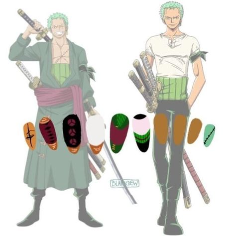 Nail art with detailts referencing One Piece's character Roronoa Zoro Zoro Inspired Nails, Zoro One Piece Nails, Anime Inspired Nails One Piece, Zoro Nail Art, One Piece Inspired Nails, One Piece Nail Design, Zoro Nails, Uñas One Piece, Luffy Nails