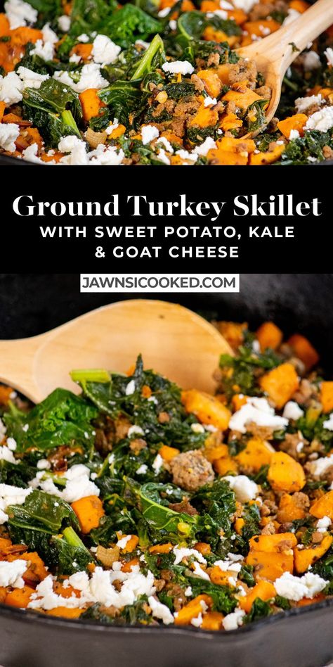 Ground Turkey Kale Sweet Potato, Thanksgiving Skillet Recipes, Ground Turkey And Sweet Potatoes Recipes, Turkey Kale Sweet Potato Skillet, Ground Turkey Goat Cheese Recipes, Sweet Potato And Ground Turkey Skillet, Sweet Potato Skillet Dinner, Ground Turkey Spinach Sweet Potato Skillet, Skillet Potatoes Dinner