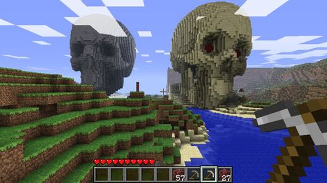 Giant skull Minecraft Project Giant Skull Minecraft, Skull Minecraft, Ice Ideas, Pirate Cove, Minecraft Statues, Minecraft Seeds, Cat Scan, Pirates Cove, Minecraft Map