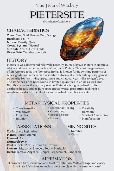 Pietersite Crystal Meaning, Pietersite Meaning, Grimoire Notes, Energy Stones Crystal Healing, Best Healing Crystals, Spiritual Coaching, Gemstones Chart, Spell Jars, Gemstone Properties