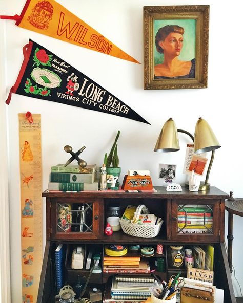 Classroom Decorations High School, Pennant Display, Vintage Classroom, Hanging Pennants On Wall, College Pennant Display, Framed Pennant, College Pennants In Classroom, Vintage Pennants Display, Vintage Pennants