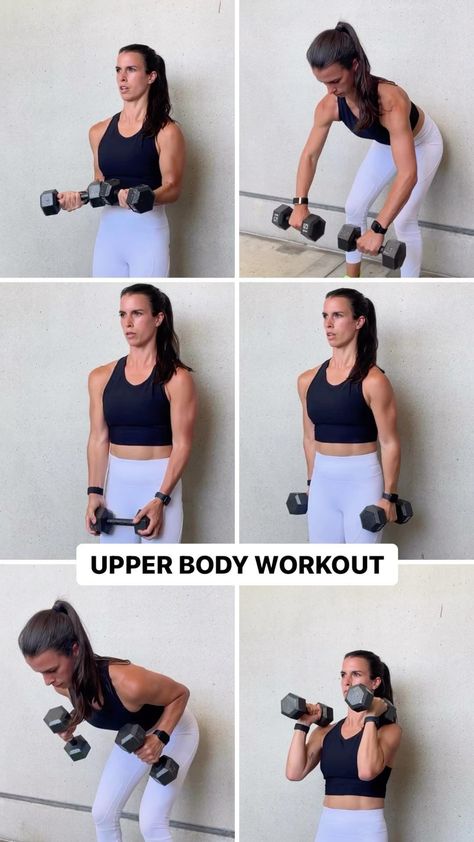 UPPER BODY WORKOUT⚡️ Grab a set of dumbbells for these! ✅6 exercises ✅8-12 reps each ✅3-4x 📝The last few reps should definitely be… | Instagram Upper Dumbell Workout, Dumbell Workout Lower Bodies, Dum Bell Workout Arm Exercises, Arm And Back Dumbell Workout, Arm Dumbbell Workout, Dumbell Workout Women, Dumbell Workout For Arms, Dumbell Workouts, Upper Body Dumbbell Workout